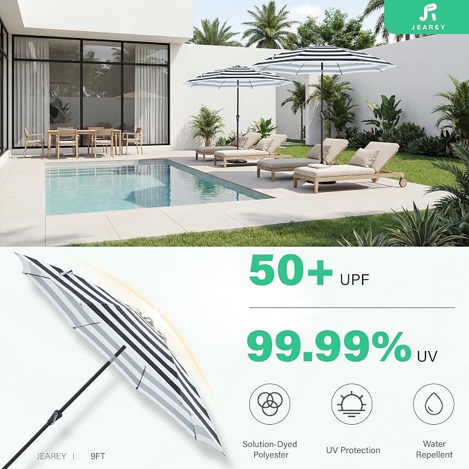JEAREY 9FT Outdoor Patio Umbrella, Market Table Umbrella with 8 Fiberglass Ribs, Pool Umbrella with Tilt and Crank, UV Protection Lightweight & Wind-Resistant for Lawn, Garden, Deck and Backyard, Black-White Stripe