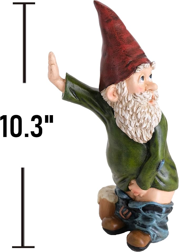 Gnome Statue - 10.3" Tall Polyresin - Willy The Peeing Garden Gnome for Lawn Ornaments, Indoor or Outdoor Decorations - Red and Green Funny Gnomes