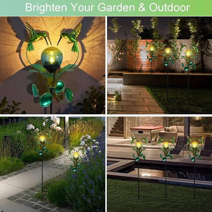 Decorative Solar Outdoor Light, Hummingbird Glass Globe Stake for Lawn Yard | Solar Hummingbird Lights With Wind Spinner Design, Crackle Glass Globe, Auto On/Off For Garden, Lawn, Yard