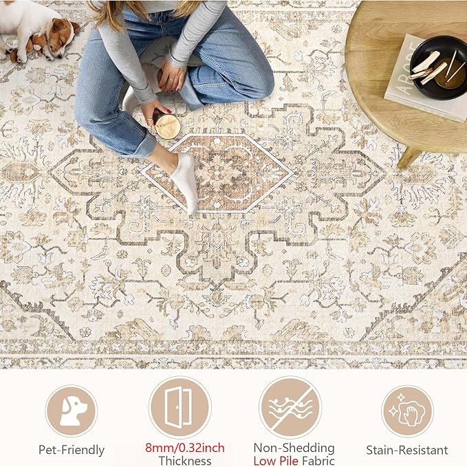 Area Rugs 5x7 Vintage Rug: Washable Living Room Rug Retro Medallion Distressed Large Soft Low Pile Non-Slip Indoor Floor Carpet for Bedroom Kitchen Nursery Dining Table Office (BeigeBrown, 5'x7')
