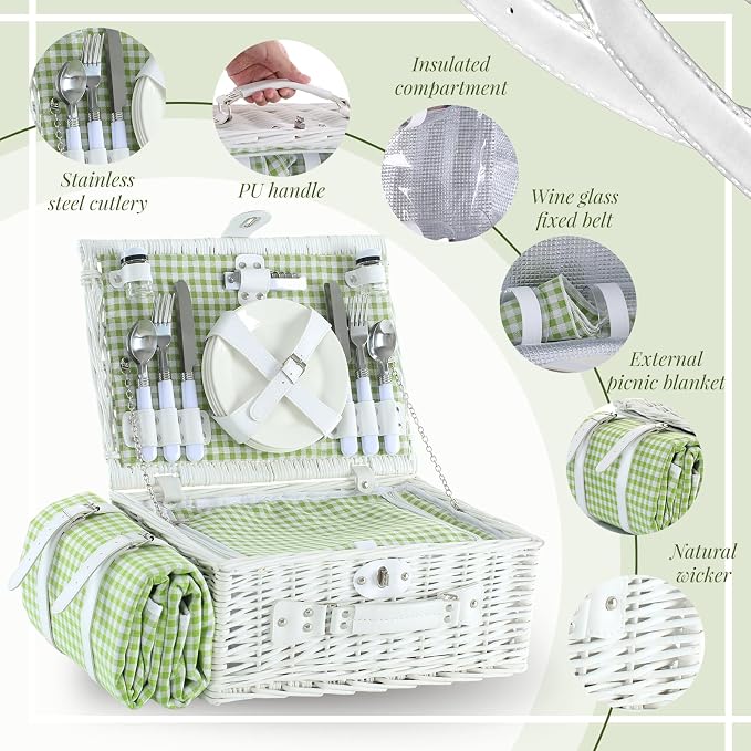 Picnic Basket Set for 4 with Waterproof Blanket Mat Insulation Bag Wicker White Green Plaid Classic Fresh Gift for Christmas Thanksgiving Wedding Birthday Camp Outdoor Beach Travel