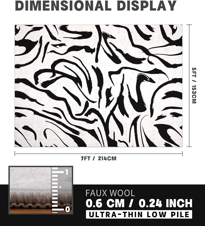 Modern Area Rugs for Bedroom,5x7 Washable Black and White Rug, Thin Abstract Geometric Minimalist Striped Rug, Black Rugs for Bedroom,Kitchen,Dining Room Office
