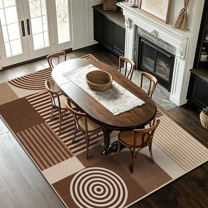 9x12 Area Rug for Living Room Brown Geometric Rug Machine Washable Minimalist Line Mid Century Modern Area Rugs Non Slip Low Pile Large Dining Room Indoor Floor Carpet for Bedroom Office,Brown