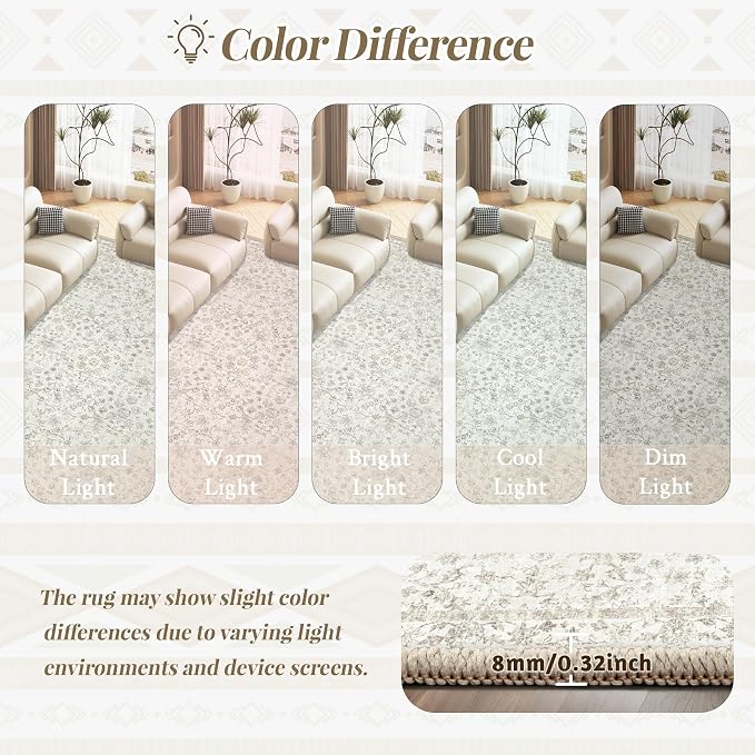 Living Room Rugs 8x10: Washable Moroccan Geometric Boho Rug Farmhouse Non Slip Stain Resistant Large Rug Low Pile Soft Carpet for Bedroom Dining Room Children Room (Beige Floral,8'x10')