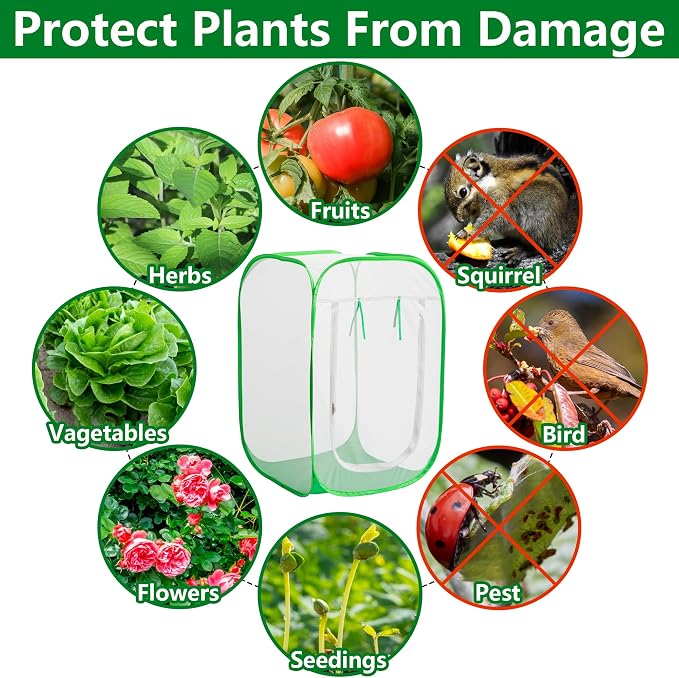 24" x 24" x 36" Pop Up Garden Mesh Plant Cover, Plant Protectors Mesh Plant Enclosure, Garden Net Cage Pest Protection Guard Tent with Storage Bag for Protect Plant Vegetable Fruit from Birds Insects