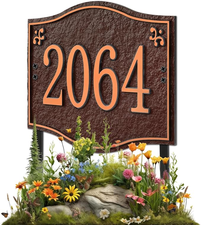 Personalized Address Plaque Sign - LAWN MOUNTED, House Address Signs for Outside Use for House,Apartment,Office,Yard (Coffee/Copper)