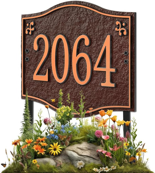 Personalized Address Plaque Sign - LAWN MOUNTED, House Address Signs for Outside Use for House,Apartment,Office,Yard (Coffee/Copper)
