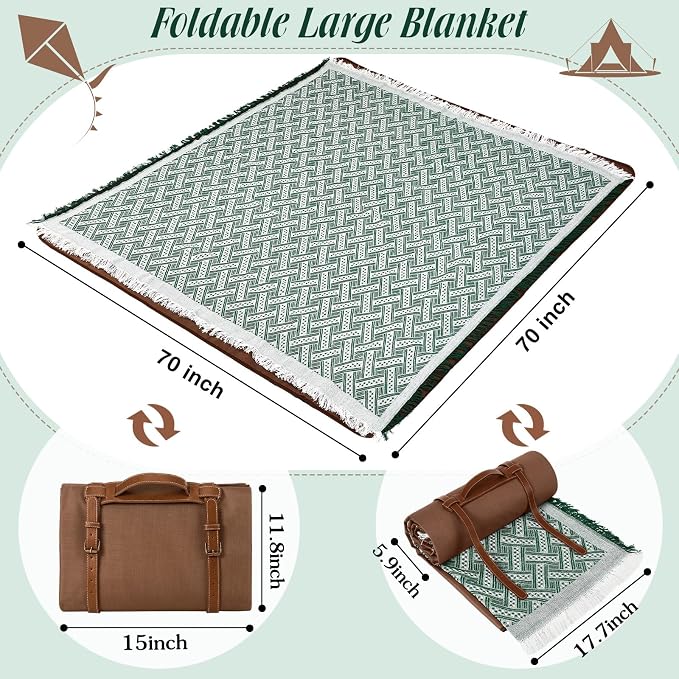 VitalCozy Waterproof Picnic Blankets 71×71 inch Outdoor Blanket Foldable 2 in 1 Double Layer Sandproof Beach Mat with Carry Strap for Camping Lawn Park Beach Grass(Green)