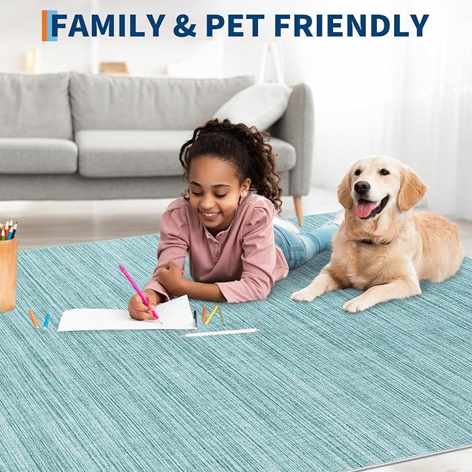 Garvee Washable Area Rugs 8x10 Modern Solid Color Living Room Rug, Blue | Non Slip Backing Stain Resistant Non Shedding Low Pile Soft Foldable Neutral Rug for Bedroom Dining Room Office