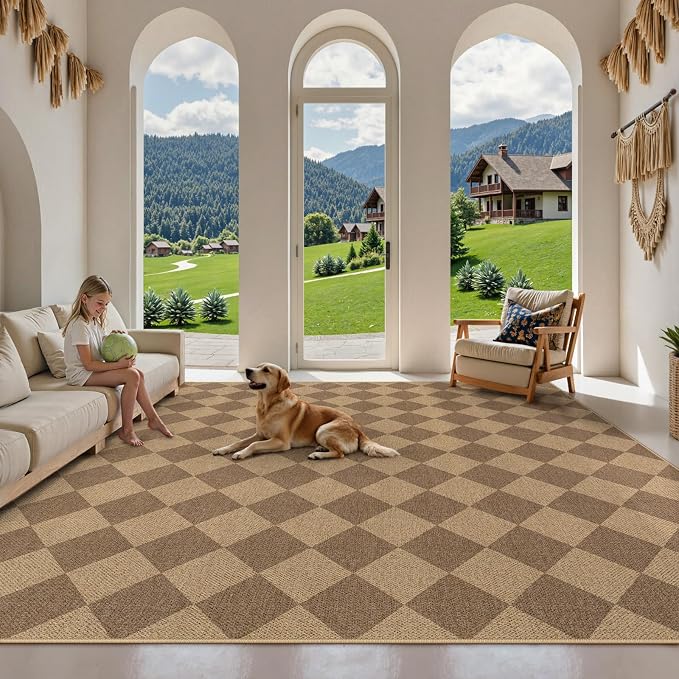 Lahome Colette Checkered Easy Jute Rug, 9x12 Washable Dining Room Rug Indoor Outdoor Carpet, Farmhouse Neutral Non Slip Non Shedding Stain Resistance Floor Carpet for Patio Living Room Office