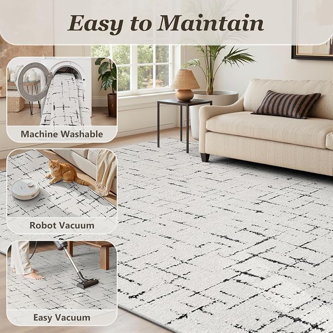 Engiw-Neutral 8x10 Area Rug for Living Room Rug-Carpet Bedroom Rugs Textured Tufted Jacquard Modern Washable Rug for Dining Room Nursery Non Slip-Black and White