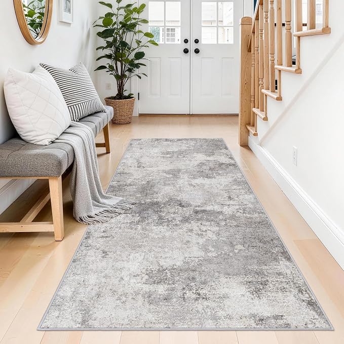 3x6 Washable Abstract Runner Rugs: Non Slip Hallway Carpet Grey | Modern Neutral Kitchen Runners for Entryway, Bedroom, Laundry Room - Soft Low Pile Floor Mat 3x6 Grey