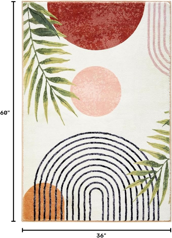RoomTalks Boho Cute 3x5 Small Area Rugs Washable, Modern Abstract Geometric Shape with Tropical Leaves Non Slip Throw Rugs for Bedroom Kitchen Entryway Indoor Botanical Accent Carpet