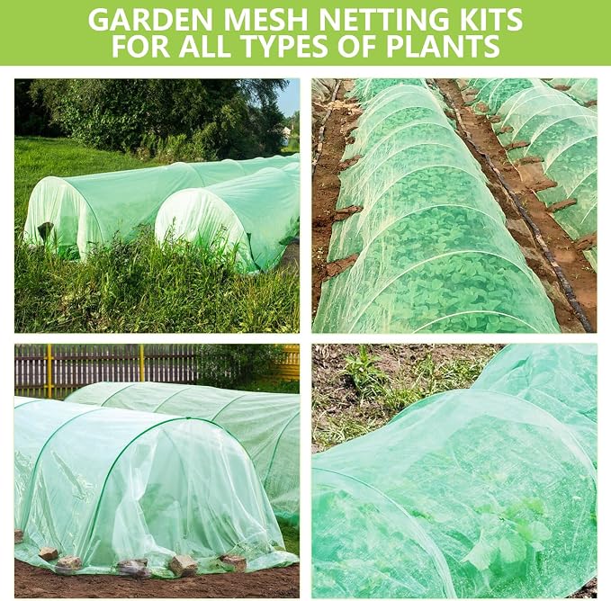 Garden Netting Kit for Raised Beds, 10x30FT Green Ultra Fine Mesh Netting ＆6 Sets of 8FT Garden Hoops, Insect Netting Row Cover Net Protect Plants Vegetable Fruits Flowers