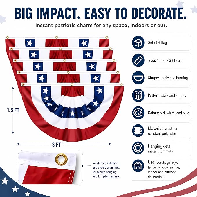 4 Pack USA Pleated Fan Flags - 1.5x3FT American Flag Bunting for Outside, Red White Blue Bunting Banner with Brass Grommets, Patriotic Porch Decor for Independence Day, July 4th, Memorial Day