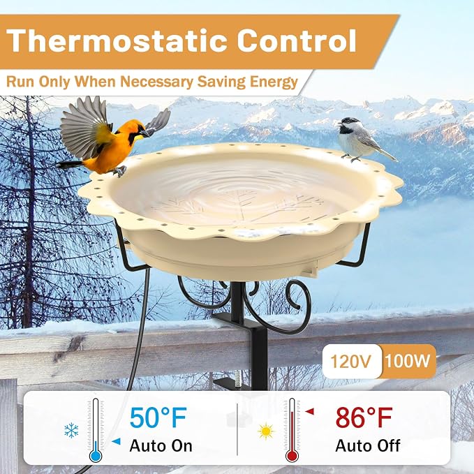 Heated Bird Baths for Outdoors, 100W Heated Bird Bath for Deck Railing, Heated Birdbath with Thermostat Control, Heated Bird Bath for Outside Winter Garden Patio Yard (Yellow)