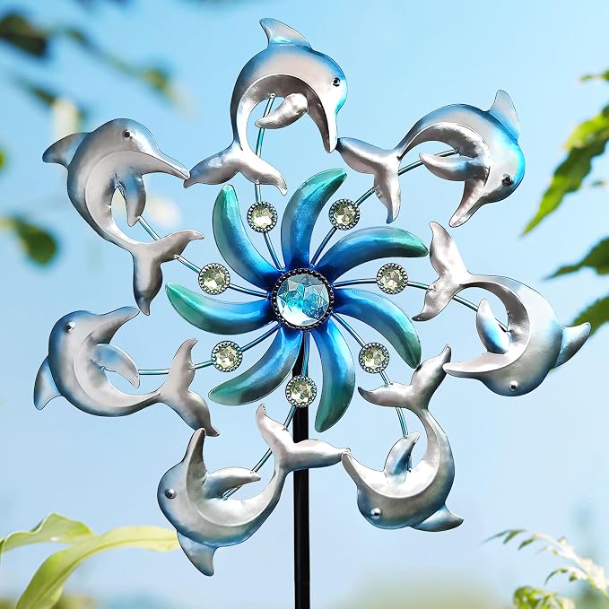 Dolphin Wind Spinners Garden Stake, 39" Metal Dolphins Wind Spinner Outdoor Decorations- Outside Lawn Stake Wind Sculptures for Yard Patio,Lawn & Garden Art Decor