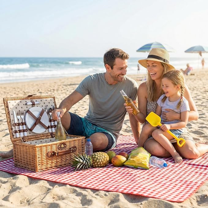 Multifunctional Wicker Picnic Basket Set for 4 Blanket Family Folding Wine Table,Insulated Portable Extra Big Storage Capacity Woven Rattan Canasta De Full Tablewares Camping Outdoor Flowers Star