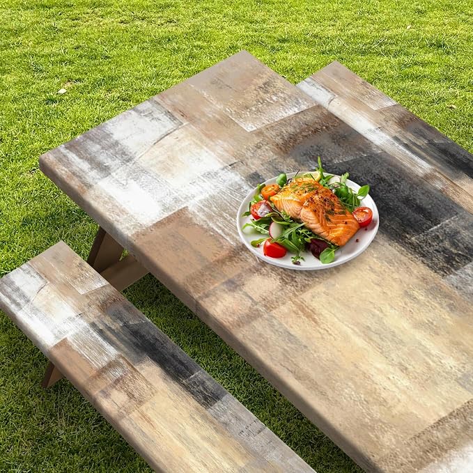 Brown Beige Painting Picnic Table Cover with Bench Covers, Grey Office Contemporary Abstract Outdoor Camping Essentials 6FT 3PCS Fitted Rectangle RV Must Haves Tablecloth with Drawstring Bag