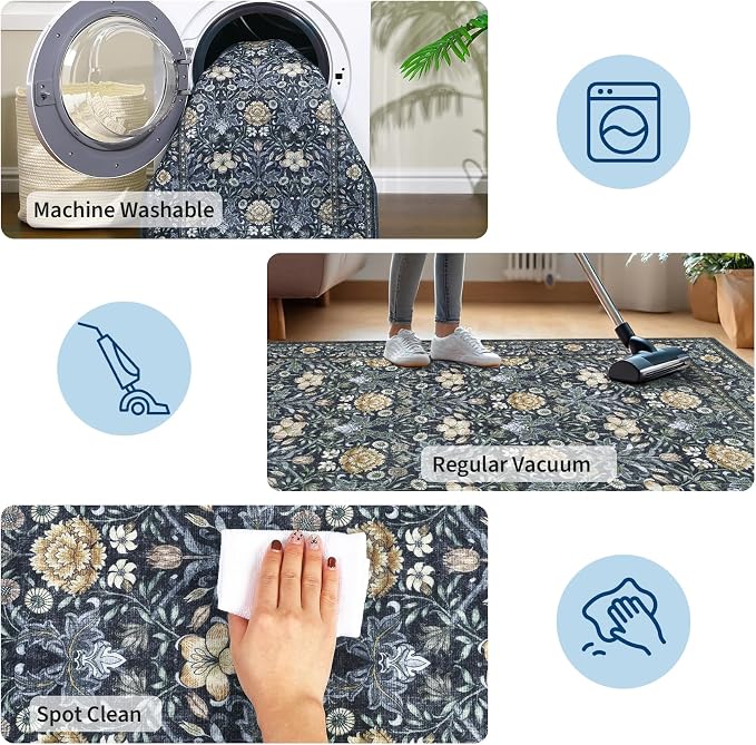 GarveeHome Small Entryway Rug, 2x3 Washable Front Door Rug Indoor Entrance Floral Carpet Non-Slip Low Pile Throw Rugs for Kitchen Floor, Powder Room, Entry, Bathroom, Kids Room