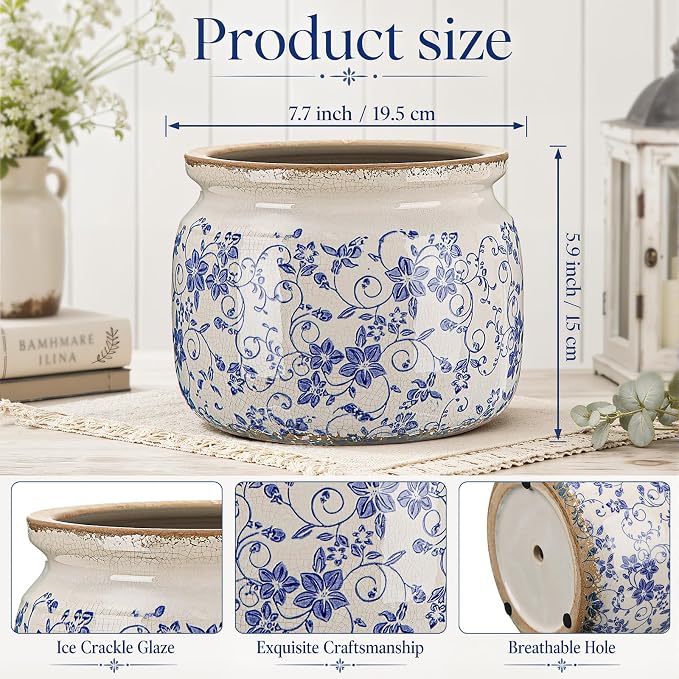 7.7" Large Vintage Ceramic Plant Pot Blue White Country Crackle Glaze Pot Rustic Morning Glory Flowers Planter with Drainage for Indoor Outdoor Plants Kitchen Office Home Decor Gift