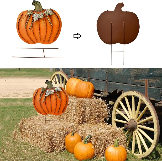 K KILIPES 26" H Metal Rustic Pumpkin Yard Stake - Outdoor Fall Decor Garden Stake Autumn Yard Sign for Porch Garden Home Patio Harvest Thanksgiving Halloween Decorations
