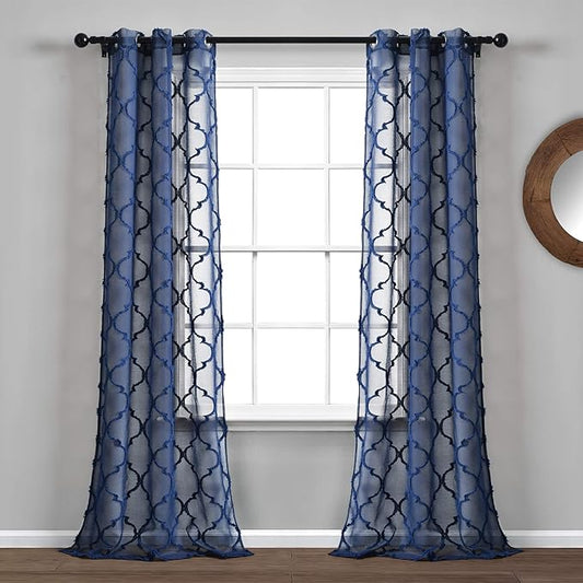 Lush Decor Avon Trellis Grommet Sheer Window Curtain Panels Pair 38" W x 95" L Navy - Sheer Curtains for Living Room - Modern Farmhouse Bedroom Curtains