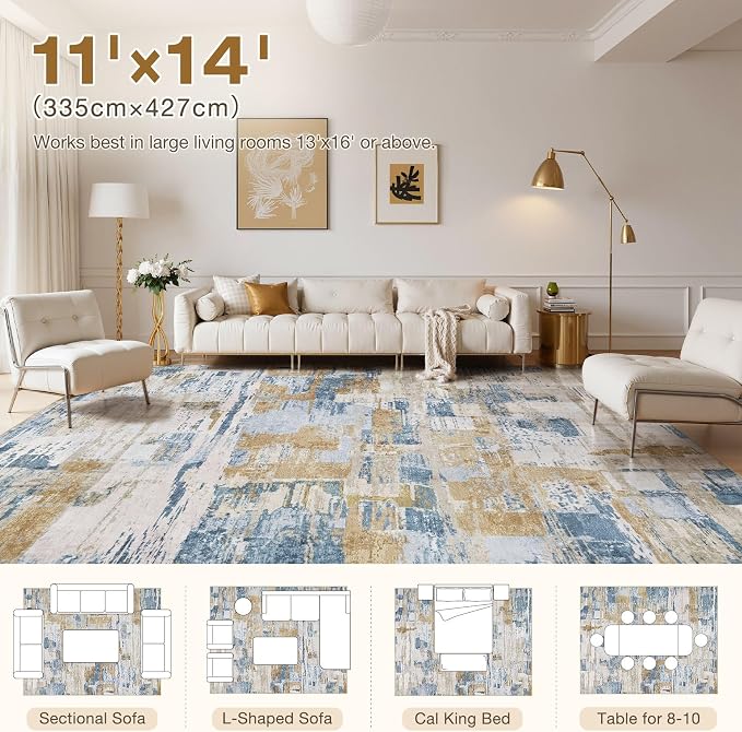 kakania Abstract 11x14 Area Rugs for Living Room: Washable Rugs Blue | Soft, Non-Slip, Low-Pile, Pet & Kid Friendly - Large Modern Home Decor Carpet for Bedroom/Dining Room/Office/Nursery