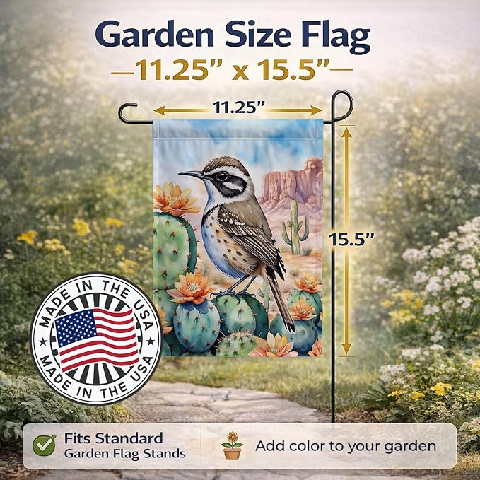 Caroline's Treasures Arizona Cactus Wren Garden Flag Mailbox Flag Decorative Yard Flag Banner Outside Patio Artwork Yard Flower Beds, Garden Size, Multicolor