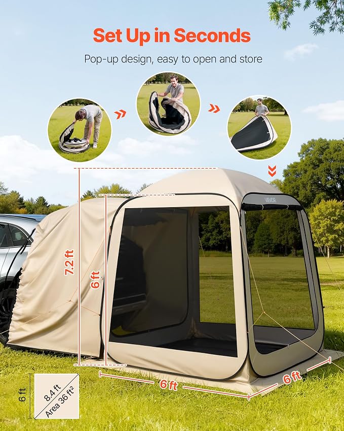 VEVOR SUV Tailgate Tent, 6 x 6 ft Pop-Up Screen House Canopy for 4–6 Person, Portable Screened Shelter with Carry Bag, for Car Camping, Backyard, Patio, Outdoor Activities