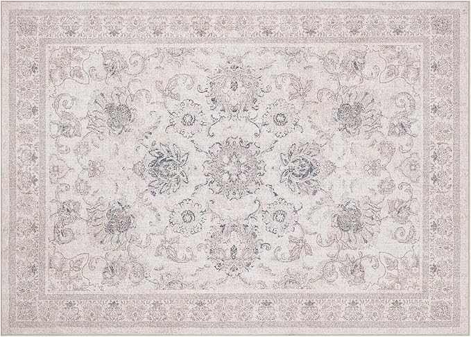Phantoscope Washable Area Rug 5'x7' Non-Slip, Vintage Neutral Rugs for Living Room, Bedroom, Dining Room, Distressed Boho Floral Medallion Pattern, Low-Pile Foldable Floor Carpet, Cream Beige/Neutral