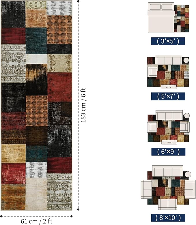 Mid Century Modern Vintage Cowboy Runner Rug 2x6,Retro Patchwork Bedroom Rug,Red and Brown Floral Farmhouse Rugs Washable for Hallway Non Slip,Geometric Boho Area Rugs for Living Room