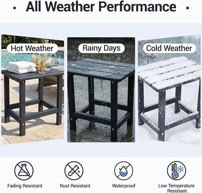 HDPE Outdoor Side Table, Black | Waterproof Patio End Tables for Garden Poolside Balcony Deck Porch Backyard or Indoor Use, 17.5"L x 12.5"D x 16.5"H