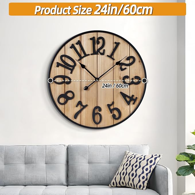 Large Wall Clock 24IN, Silent Metal Wood Style Wall Clocks Battery Operated for Living Room Decor, Farmhouse Big wall Clock, Outdoor