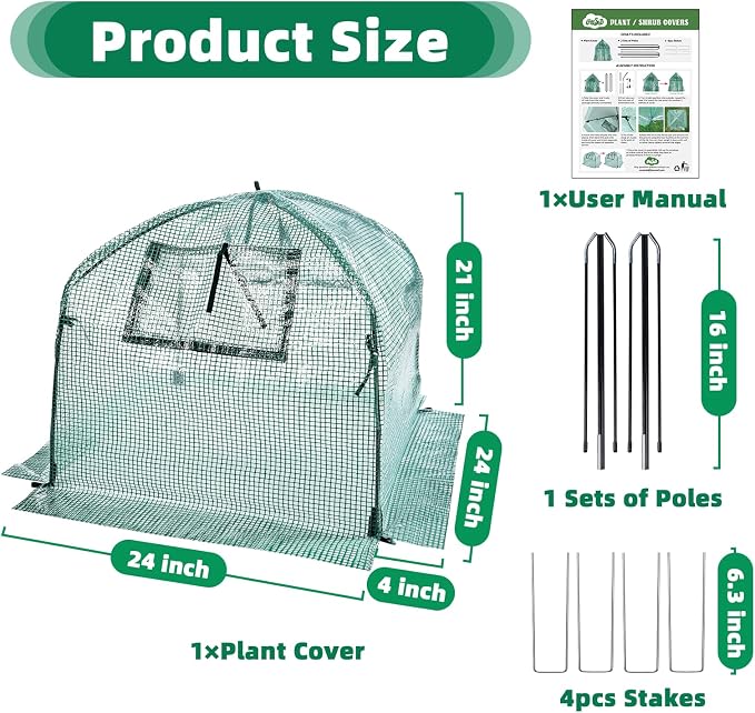 Plant Cover Freeze Protection Blanket, 24''x24''x21'' Outdoor Garden Fabric Cover with Poles and Stakes for Winter Frost, Frost Covers for Small Trees, Shrubs, Green