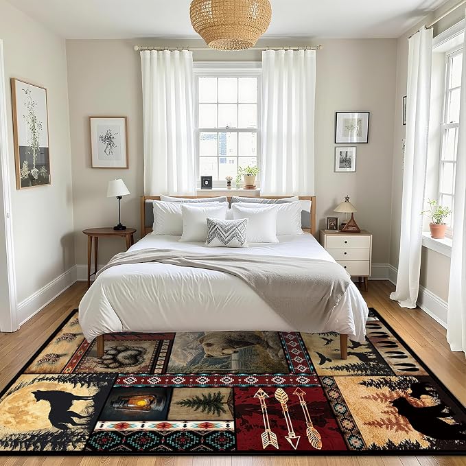 Rustic Cabin Area Rug 5x7 for Living Room, Bear Deer Print Rug, Western Decor Non-Slip Low-Pile Machine Washable Indoor Floor Carpet for Dining Room Bedroom Office