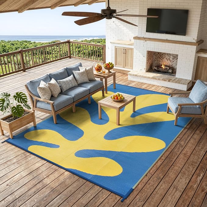 Lahome Coastal Coral 8x10 Outdoor Beach Pool Rug, Plastic Camping Rugs for Outside Your Rv, Lightweight Waterproof Outdoor Carpets for Picnic Patio, Blue/Yellow 8'x10'