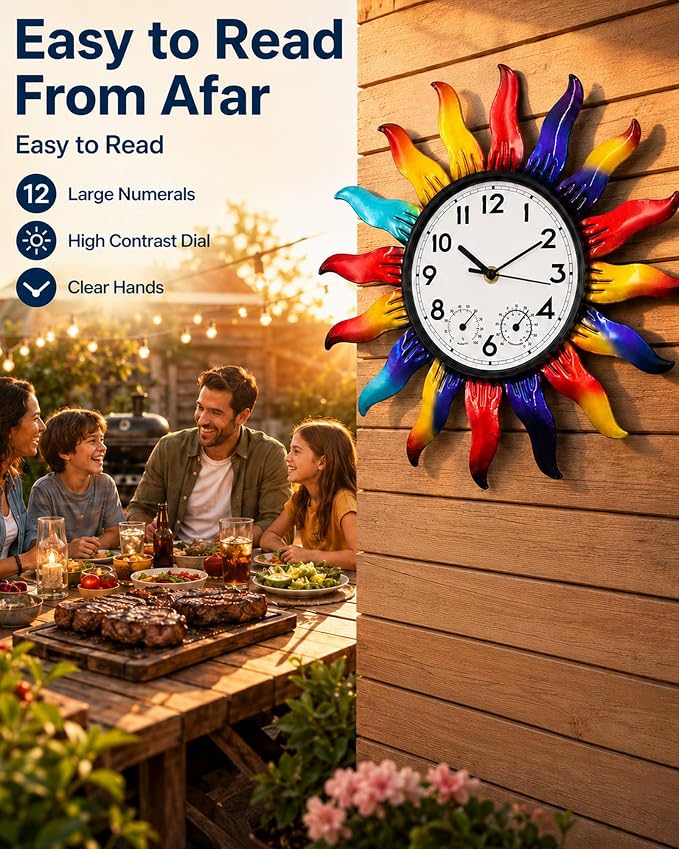 13 Inch Metal Outdoor Wall Clock Colorful Sun Decor Waterproof Outside Clock with Thermometer Humidity Gauge Silent Non Ticking Quartz Timepiece for Garden, Patio, Fence, Yard Gift