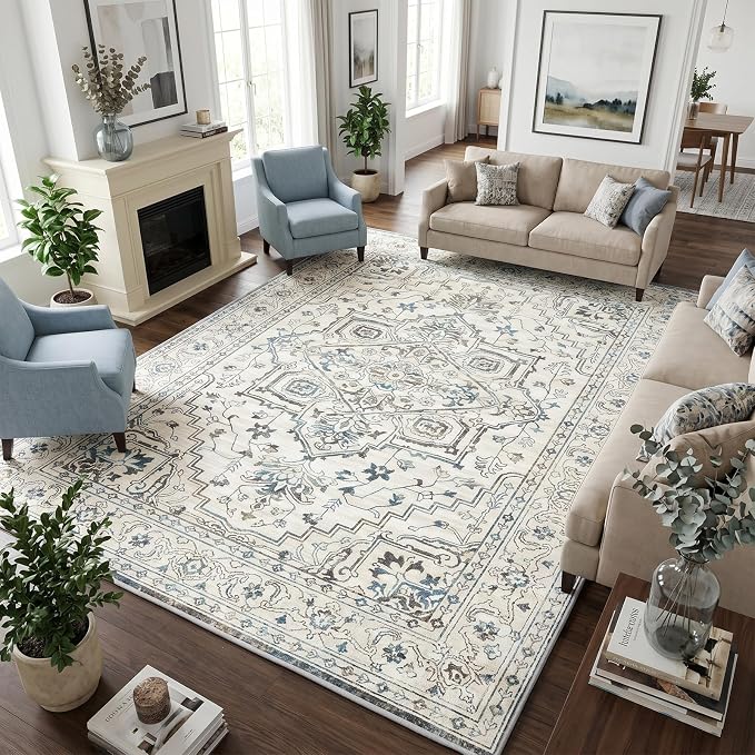 Vintage Washable Area Rug 8x10, Non-Slip Low-Pile Farmhouse Persian Carpet for Living Room Dining Room Bedroom, Stain Resistant Traditional Indoor Rug, Neutral Cream Blue