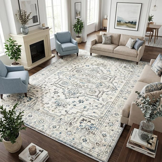 Vintage Washable Area Rug 8x10, Non-Slip Low-Pile Farmhouse Persian Carpet for Living Room Dining Room Bedroom, Stain Resistant Traditional Indoor Rug, Neutral Cream Blue