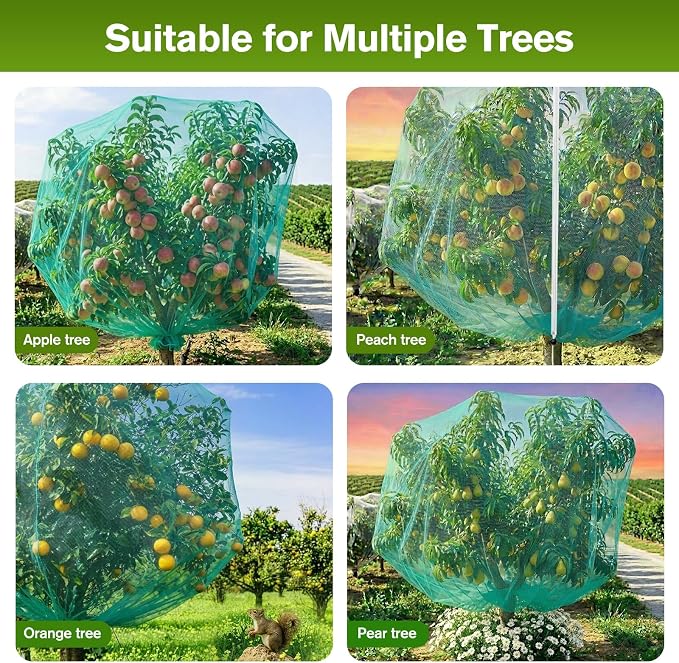 KEOHOLI 12FTx12FT Green Large Fruit Tree Netting Reusable Durable Mesh Cover with Zipper and Drawstring for Fruit Tree Protection Cover from Birds Cicadas Squirrels and Insects