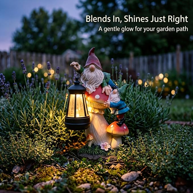 Solar Gnome Garden Statue with Mushroom Lights for Outdoor, Waterproof Garden Gnomes Decor for Yard Lawn Balcony, Cute Gnome Figurine Lights for Patio Decor, Ideal Gift for Garden Lovers & Homeowners