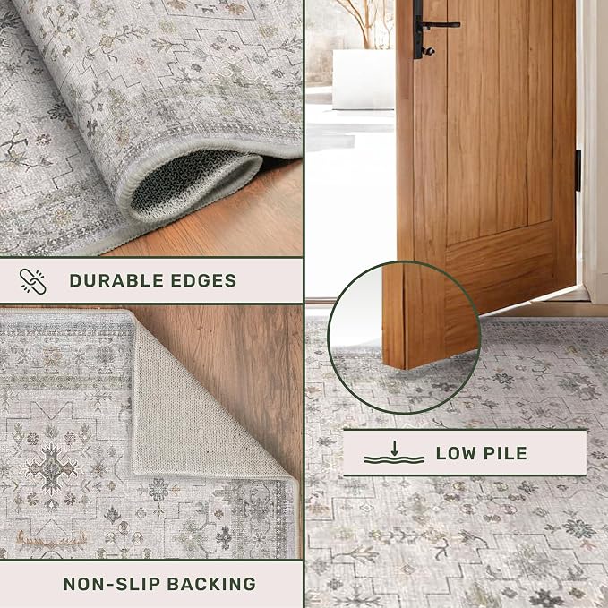 Washable 5x8 Living Room Rug - Light Gray & Sage Area Rug for Nursery, Dining Under Table, Bedroom, Modern Vintage Eclectic Geometric Floral Neutral, Low Pile Stain Resistant
