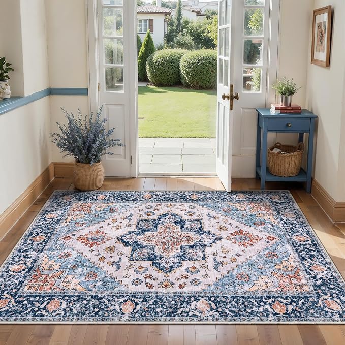 SERISSA 3x4 Washable Non Slip Boho Area Rug for Entryway，Blue Orange | Ultra Soft Vintage Oriental Carpet Low-Pile Distressed Tribal Indoor Entrance Carpet for Kitchen Bedroom Living Room Dorm