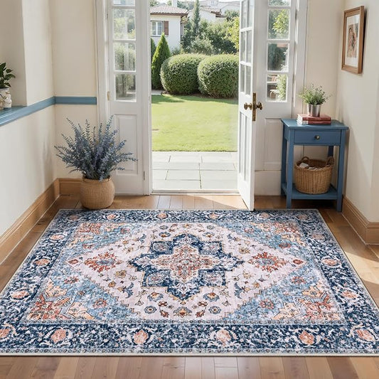 SERISSA 3x4 Washable Non Slip Boho Area Rug for Entryway，Blue Orange | Ultra Soft Vintage Oriental Carpet Low-Pile Distressed Tribal Indoor Entrance Carpet for Kitchen Bedroom Living Room Dorm