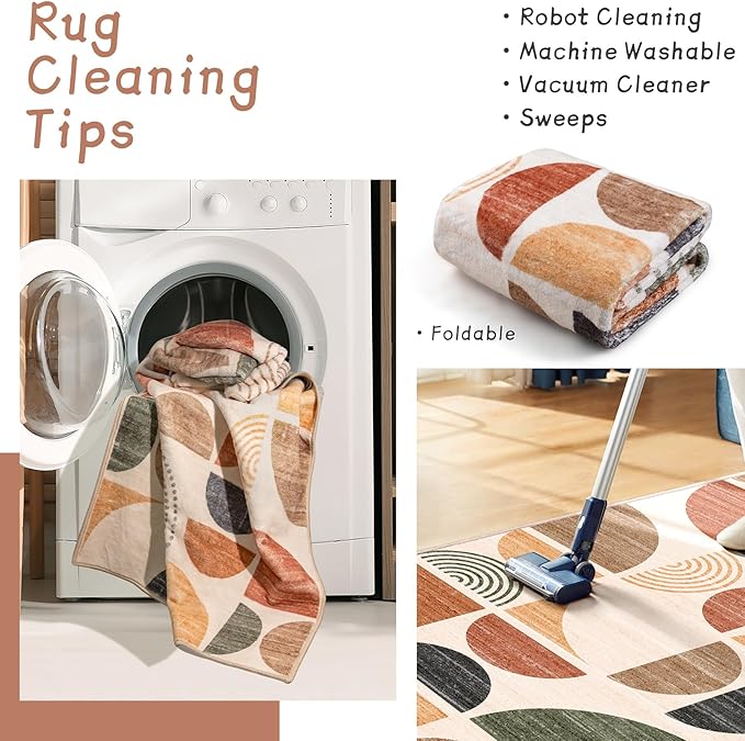3x5 Rug Washable,Boho Area Rugs Small Non Slip Modern Abstract | Machine Washable Throw Carpet for Bedroom Entryway Living Room Bedside Soft Low Pile Floor Indoor Bohemian Terracotta