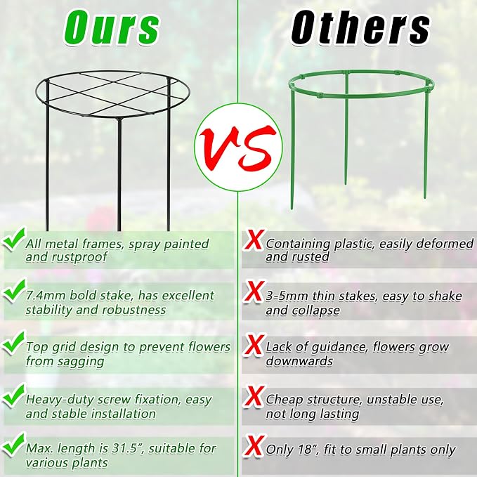 3 Pcs Large Peony Cages and Supports, 31.5"H x 12.6"D Grow Through Plant Support for Outdoor Plants, 7mm Stake Heavy Duty Metal Peonies Support Cage Peony Ring Plant Grid for Vegetables Roses Tomatoes
