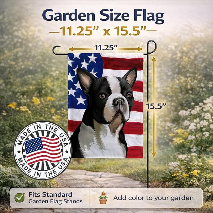 Caroline's Treasures CK6451GF Boston Terrier Dog American Flag Garden Flag Mailbox Flag Decorative Yard Flag Banner Outside Patio Artwork Yard Flower Beds, Garden Size, Multicolor