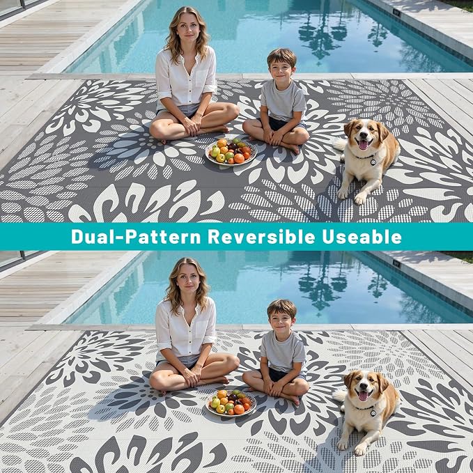 HEBE Waterproof Outdoor Rug 9x12 for Patios, Floral Reversible Plastic Straw Rug Patio Mat, Indoor Outdoor Carpet RV Mat Camping Rug for Deck, Camper, Porch, Balcony, Backyard, Picnic