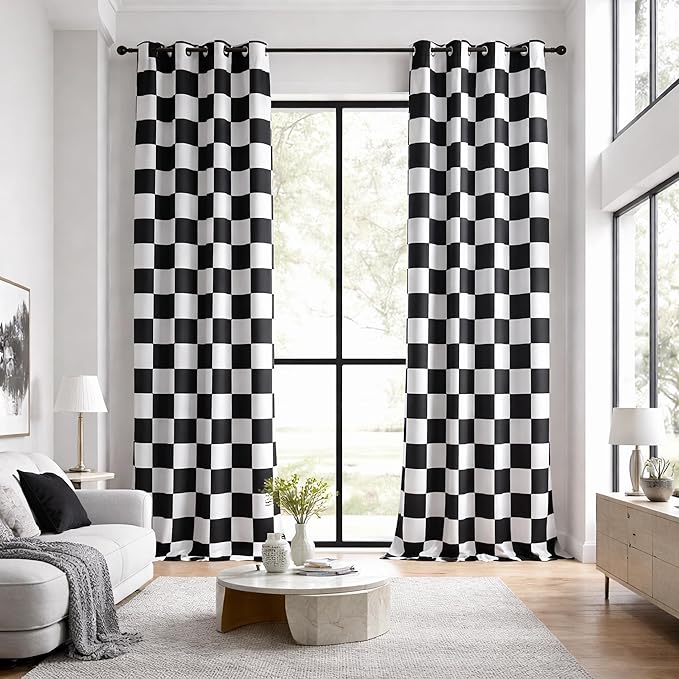 100% Blackout Curtains – Black and White Checkered Race Flag Pattern, 2 Panels, Each W52×L120, Thermal Insulated, Nosie Reducing for Bedroom, Living Room, Race car Drapes